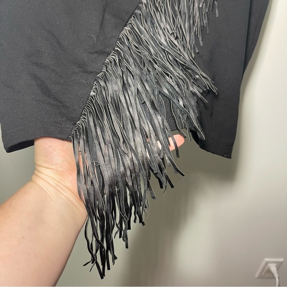 One5One Women’s Black Faux Leather Fringe Asymmetrical Bodycon Skirt in Size L - Picture 3 of 8